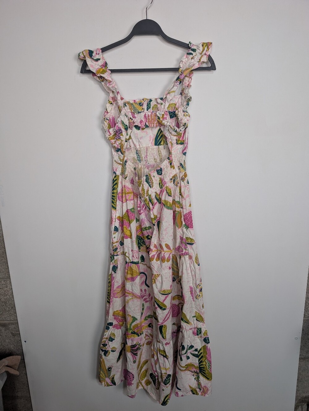 Banjanan Harriet Spring Peacock Crocodile Floral Ruffle Midi Dress Size Large - Picture 7 of 10